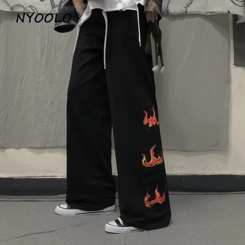 

NYOOLO Vintage streetwear flame print black pants Autumn Casual loose elastic waist full length wide leg pants women men