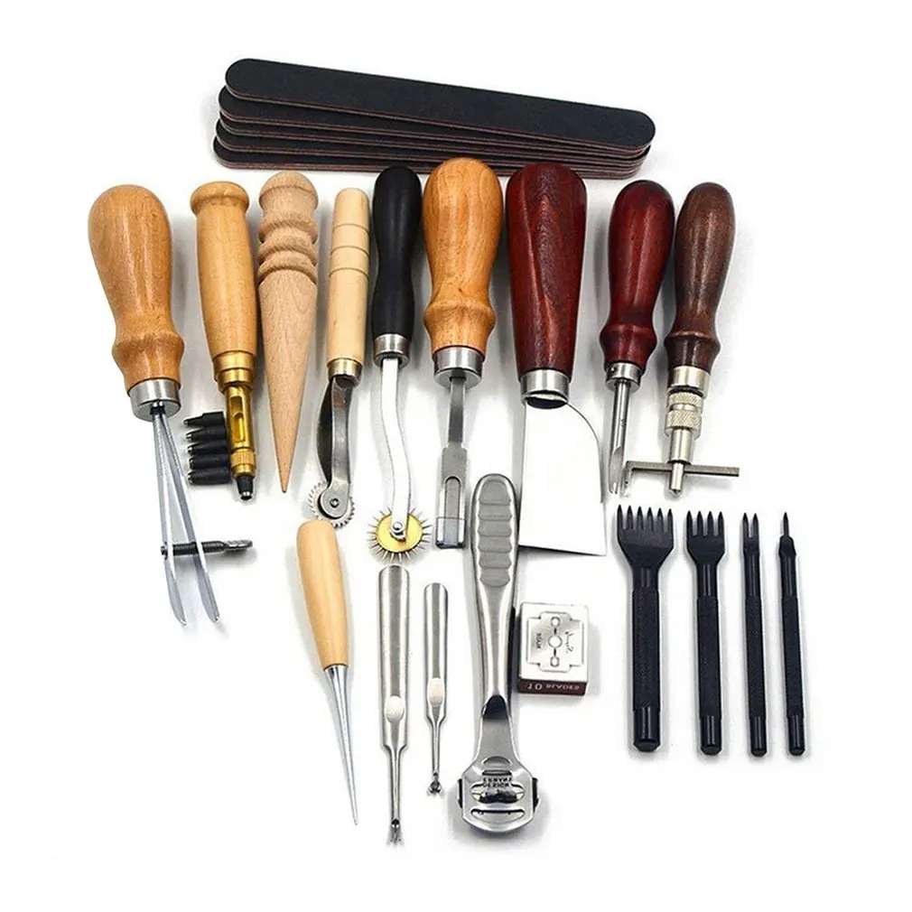

18PCS Leather Craft Tools Kit Stitching Sewing Carving Work Punch Saddle Leathercraft Accessories for DIY Hand Leather Working