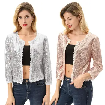 

Kate Kasin Women's Sequin Coat 3/4 Sleeve Open Front Sparkling Jacket Outwear Cropped Length Sequined Cardigan Coats KCE02108