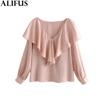 

Fashion Za Women's Shirt 2020 Elegant Solid Ruffled V-Neck Pullover Shirts Blouses Lantern Sleeve Loose Ladies Blusas Tops