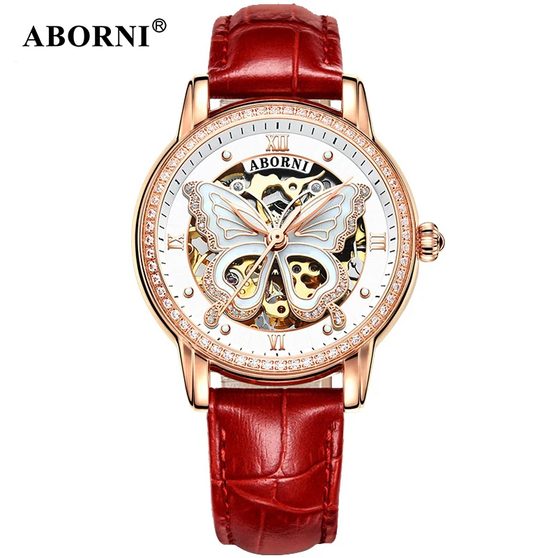 

ABORNI Automatic Watch Leather Strap Case Vogue Dress Watches Skeleton Transparent Watch Women Mechanical Wristwatch with Box
