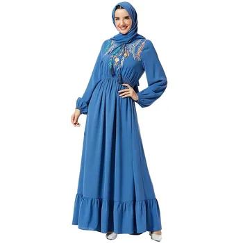 

Women Fashion Plus Size Women Plant Embroidery Elastic Waist Casual Large Swing Dress (without headscarf)