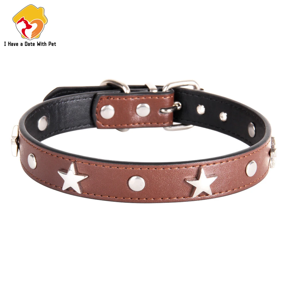 

Personalized Dog Collar PU Leather stainless steel Pentagram Style for Small Medium Dog Cat Necklace Strap animals Pet Supplies