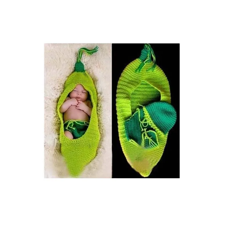 Green Pea Newborn Photography Props Infant Crochet Knitted Hats Shorts Wrap Baby Souvenirs Costume Outfit Photo Shoot Props (2)