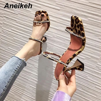 

Aneikeh Fashion Leopard Print Slippers Slides Women Square head Peep Toe Slip on Sandals Spike Heels Diamond Crystal Ladies Shoe