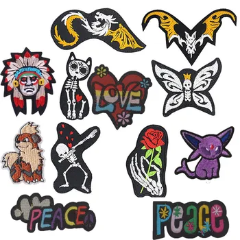 

Skull Flower Skeleton Cat Patches Rainbow Peace Iron On Embroidered Appliques DIY Apparel Accessories For Clothing Fabric Badges