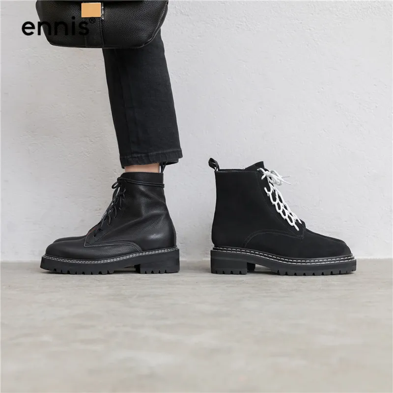 ENNIS Autumn Winter Women Boots Genuine Leather Platform Thick Sole Martin Boots Lace Up Ankle Boots Suede Zip Shoes A9160