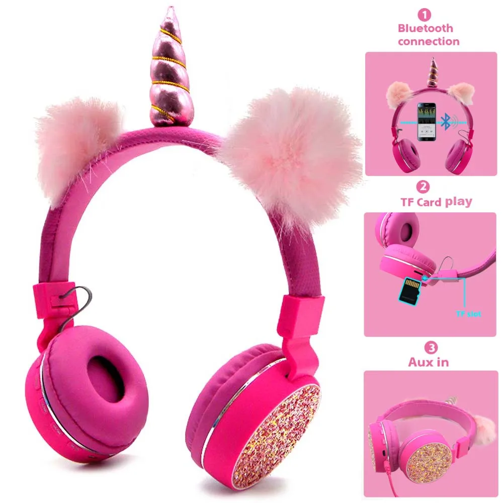 JINSERTA Unicorns Earphone Stereo Bluetooth Kids Headphones FM Radio With Mic Support Handsfree TF Card AUX