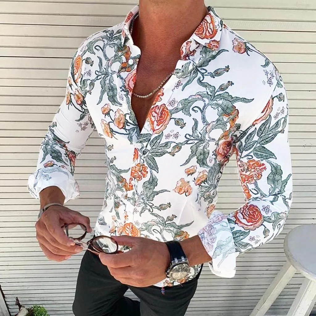 Feitong Camisa Masculina гавайская рубашка Мужская Повседневная рубашка с длинным рукавом и цветочным принтом облегающая уличная блуза с цветочным принтом Топ