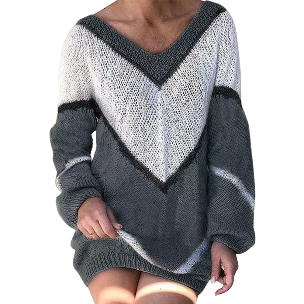 grey HEFLASHOR, женские сексуальные вязаные свитера, Осенние кружевные лоскутные вязаные топы с длинным рукавом, Геометрическая женская верхняя одежда - Цвет: grey