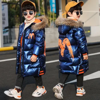 

Fashion Winter Warm Cotton Shiny Child Long Coat Fur Collar Baby Boys Jackets Children Outerwear Kids Outfits 4-14 Years Old