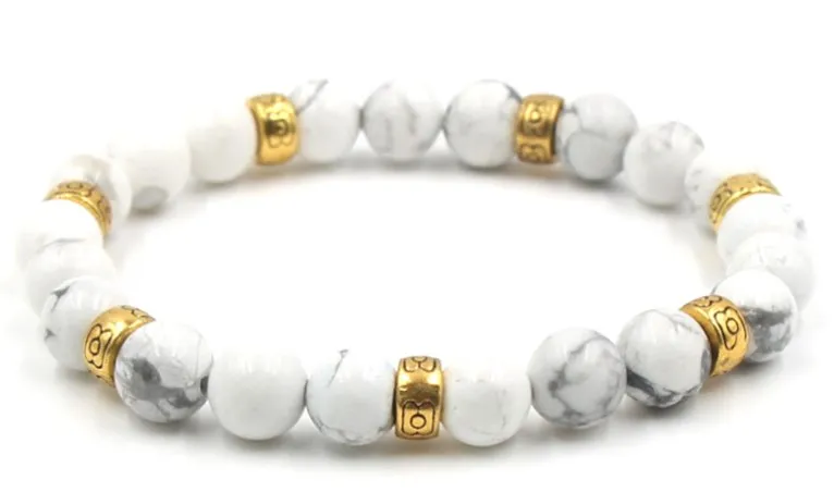 8mm tdr43 gold ball black stone volcanic lava nature white Howlite agate Onyx Bracelet Reiki Chakra Fashion | Украшения и