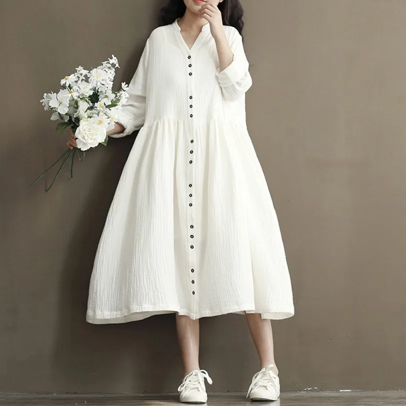 2019 Cotton Linen White Color Women Dress Spring New Long Sleeve Stand Neck Loose Bat Irregular Dresses Plus Size | Женская одежда