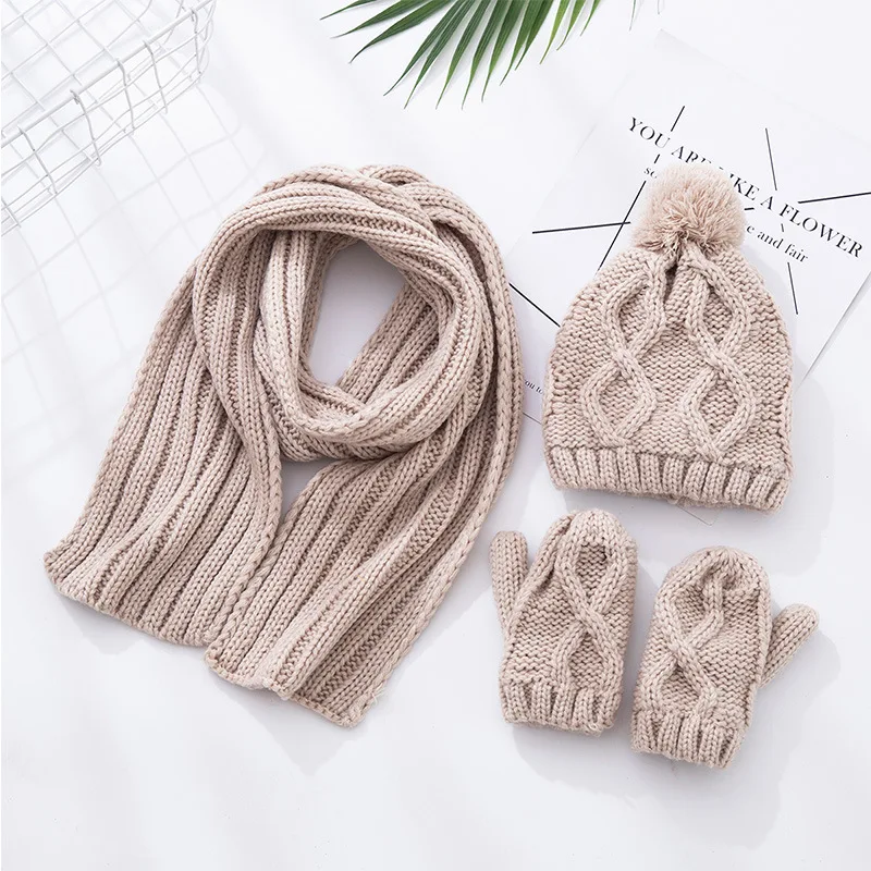 beige(set) Детский зимний теплый вязаный шарф для мальчиков и девочек, шапка, перчатки, Детские шарфы, однотонные вязаные шапки желтого и красного цвета - Цвет: beige(set)