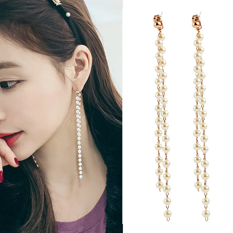 

B149 Korean-style Girl'S Tassels Clip-on Pearl Long Earrings Pierceless Ear Stud Back-hanging S925 Silver Needle Ear Stud