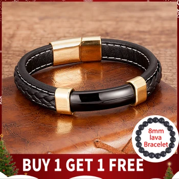 

Natural Stone Men Bracelet Black Genuine Leather Rope Chain Stainless Steel Magnet Clasp Natural Stone Bracelets Male Jewelry