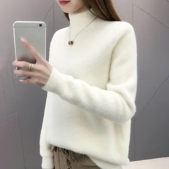 

Women Autumn Winter Turtleneck Long Sleeved Half High Collar Pullover Mink Hair Knitted Sweater Tops Black White Purple