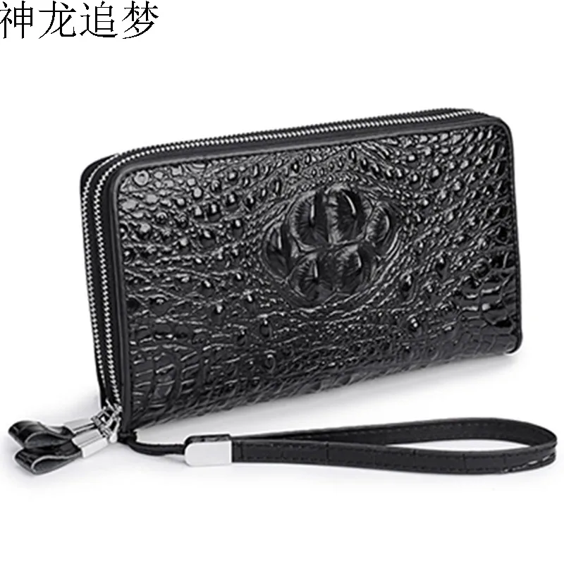 

Crocodile pattern Cowhide leather men's clutch bag double zipper male wallet wrist bag genuine leather men's handbag men Purse