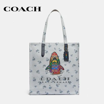 

COACH Rainbow Signature Canvas Tote Bag Snap Closure Top Handles Cartoon Printed Laptop Pouch Leather Shoulder Bags 715