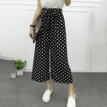 

2020 Summer New High Waist Sashes Elastic Ankle Length Pants Polka Dot Striped Wide Leg Pants Female Casual Pants