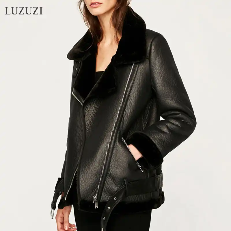 Luzuzi Veste D Hiver En Faux Cuir Femme Manteaux Epais En Peau De Mouton Doublure En Cuir Veste D Aviateur Casaco Feminin Aliexpress