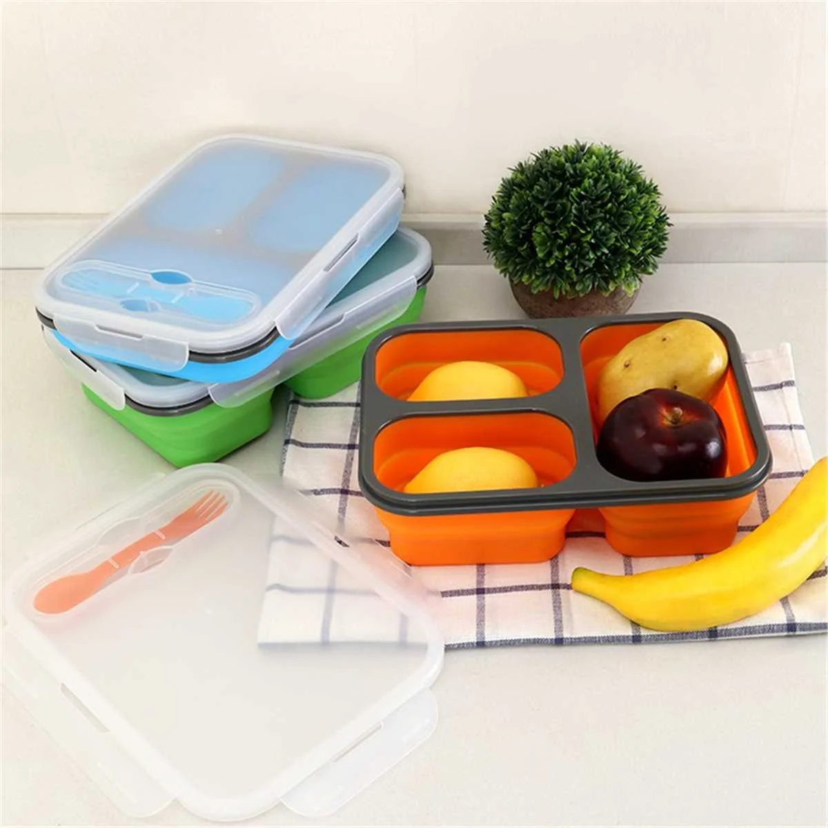 Lunch Box Microwave Oven Silicone Lunch Box Picnic Food Container With Spoon CollapsibleFood Storage Portable Picnic