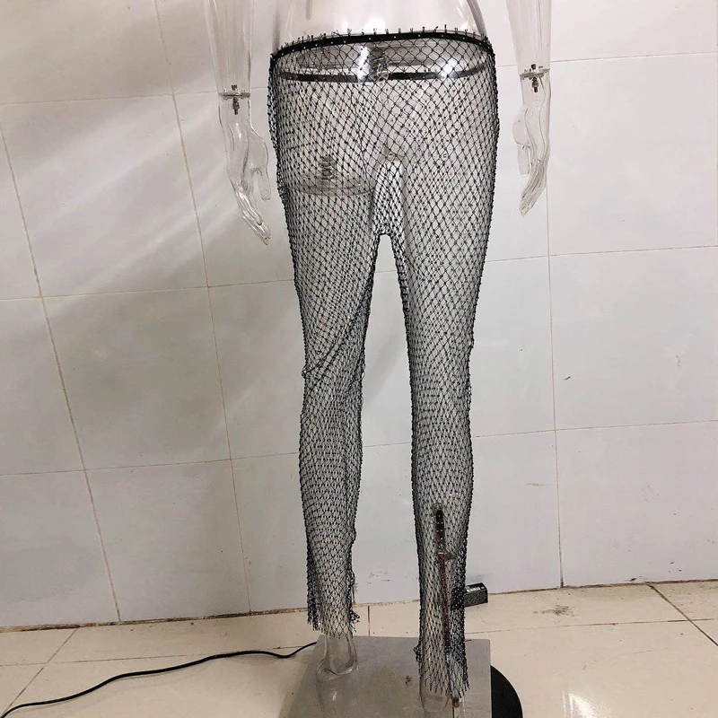 high waisted jeans Crystal Rhinestones Diamonds Fishnet Sexy Tunic Pants Women Long Bottoms Mesh Hollow Out Transparent Beach Club Party Trousers khaki pants