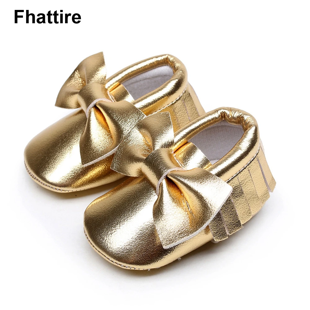 

Gold Newborn Baby Shoes Infant Girl First Walker PU Sofe Sole Princess Bowknot Fringe Toddler Baby Crib Shoes Wedding Party
