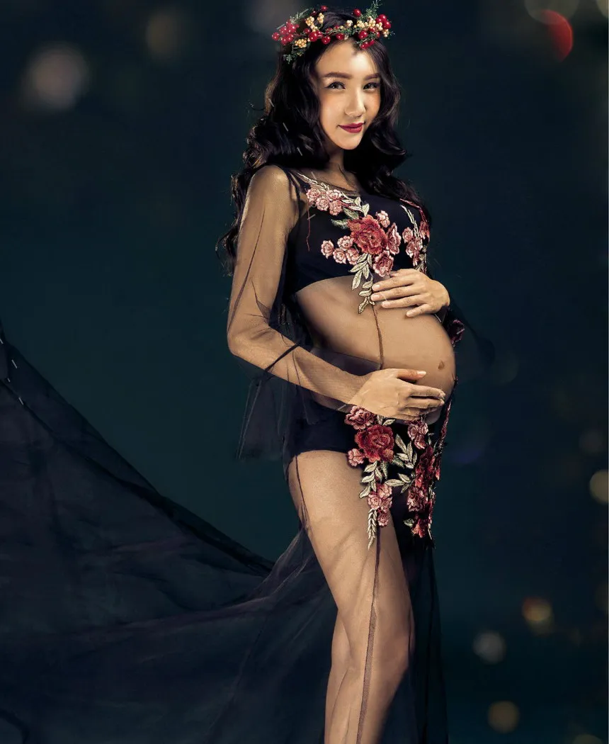 Черное платье с вышивкой длинное платье для беременных для фотосессий для беременных реквизит для фотосессии сексуальные платья для беременных Одежда BB132