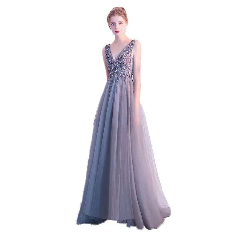 

Plus Size Evening Host Dresses V Neck Sleeveless Simple feather Long Party Gown Soiree Sexy Formal Dress MS-0038
