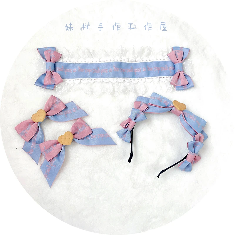 

Sky Blue Heart Biscuit Sweet Handmade Headwear Bow Hairband KC Hairpin HairClip Hair Ribbon Headband Lolita Original Design Cute