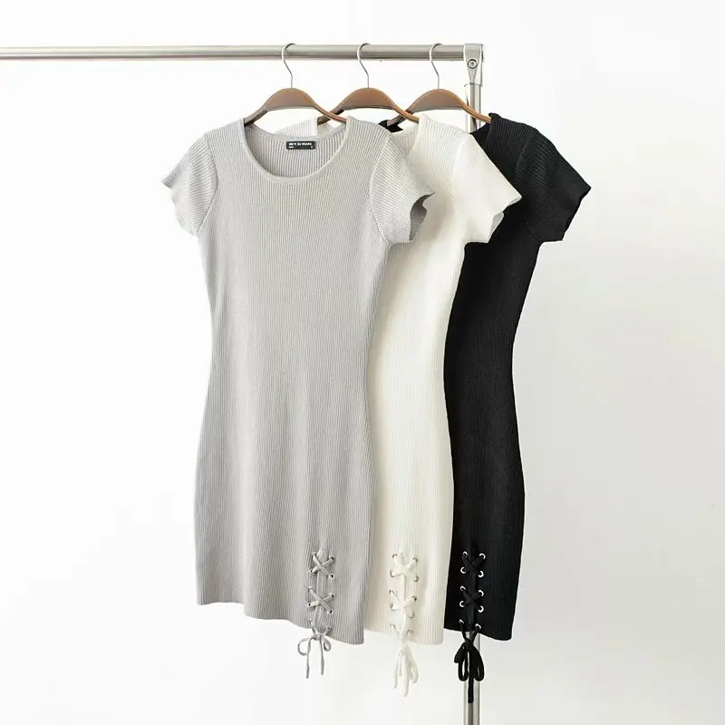 

Spring Clothing New Style Western Style Retro Slim Fit Side Bandage Cloth Knit Short-sleeved Dress Women's Spring Base Shirt