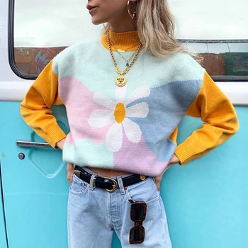 

Young Gilrs Macaron Color Patchwork Sweater 2019 Winter Sweet Flower Print Loose Pullover Street Cute Long-Sleeve Jumper Femme