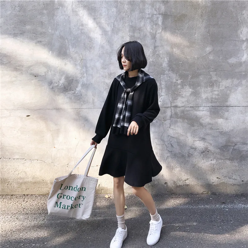

2019 Autumn & Winter New Style Large Size Dress Fat Mm Korean-style Plaid Shawl Mid-length plus Velvet Hoodie Two-Piece Set