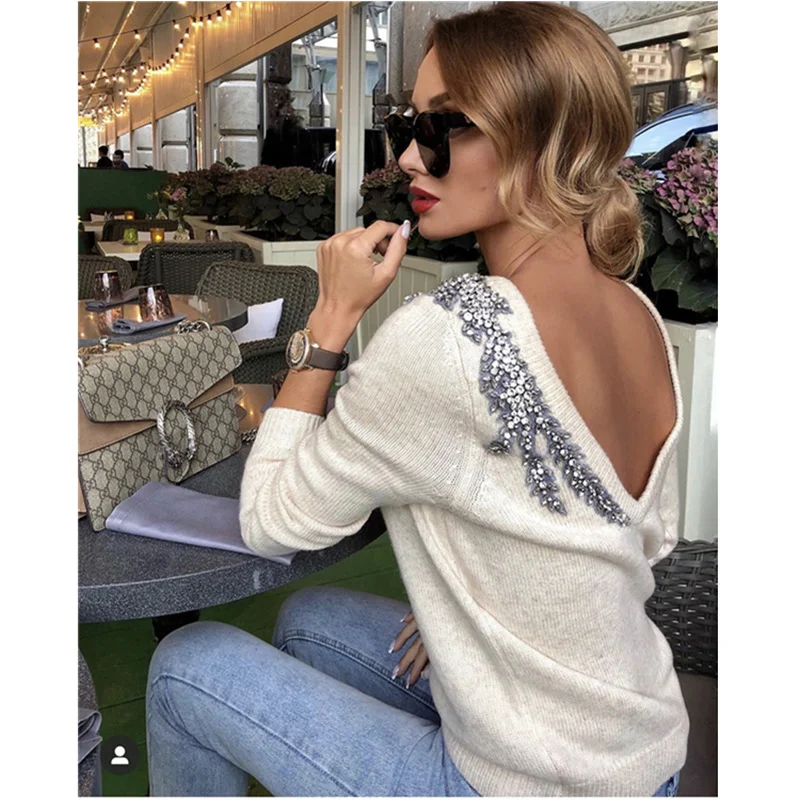 

Fashion Brand Wool Cashmere Leaves Crystal Beading Sweater Both Side Wear Sexy Female High Quality Sweaters and Jumpers