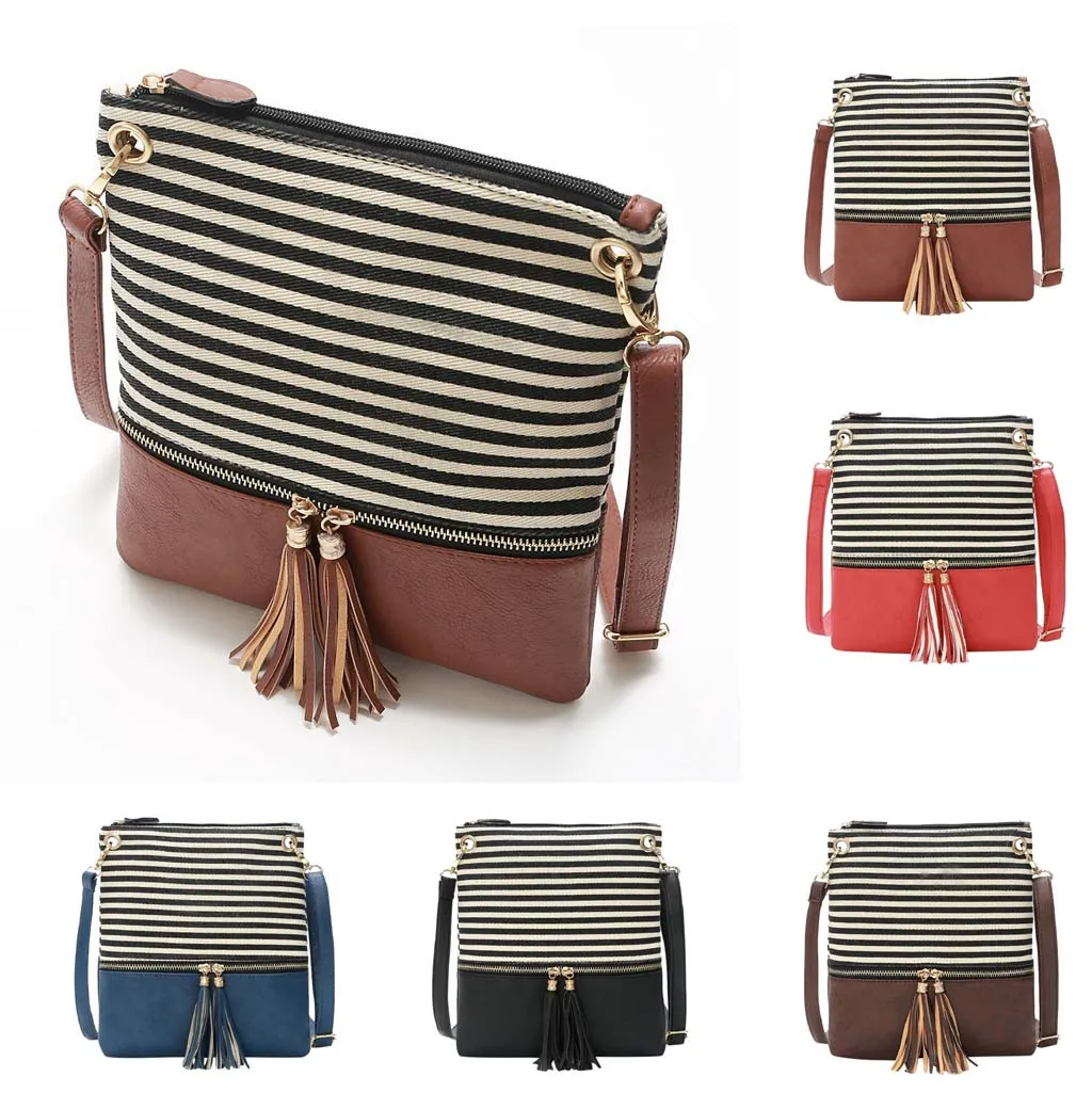 

bag For women 2019 High Quality Fashion Stripe Stitching Shoulder Bag Simple Tassel Messenger Bag #40