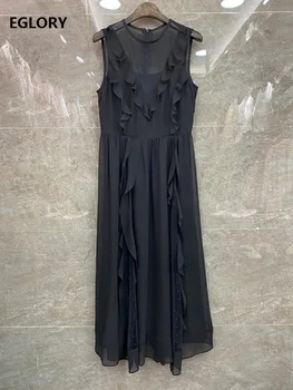 

Sleeveless Long Dress 2020 Summer High Quality Brand Women Polka Dot Mesh Ruffle Patchwork Ankle Length Long Club Maxi Dress