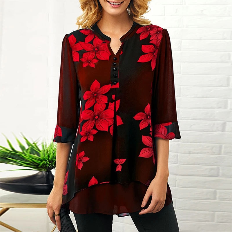 5XL Plus Size Womens Tops And Blouses 2020 Elegant Vintage Floral Print Women's Shirt Irregular Half Sleeve Female Chiffon Tunic