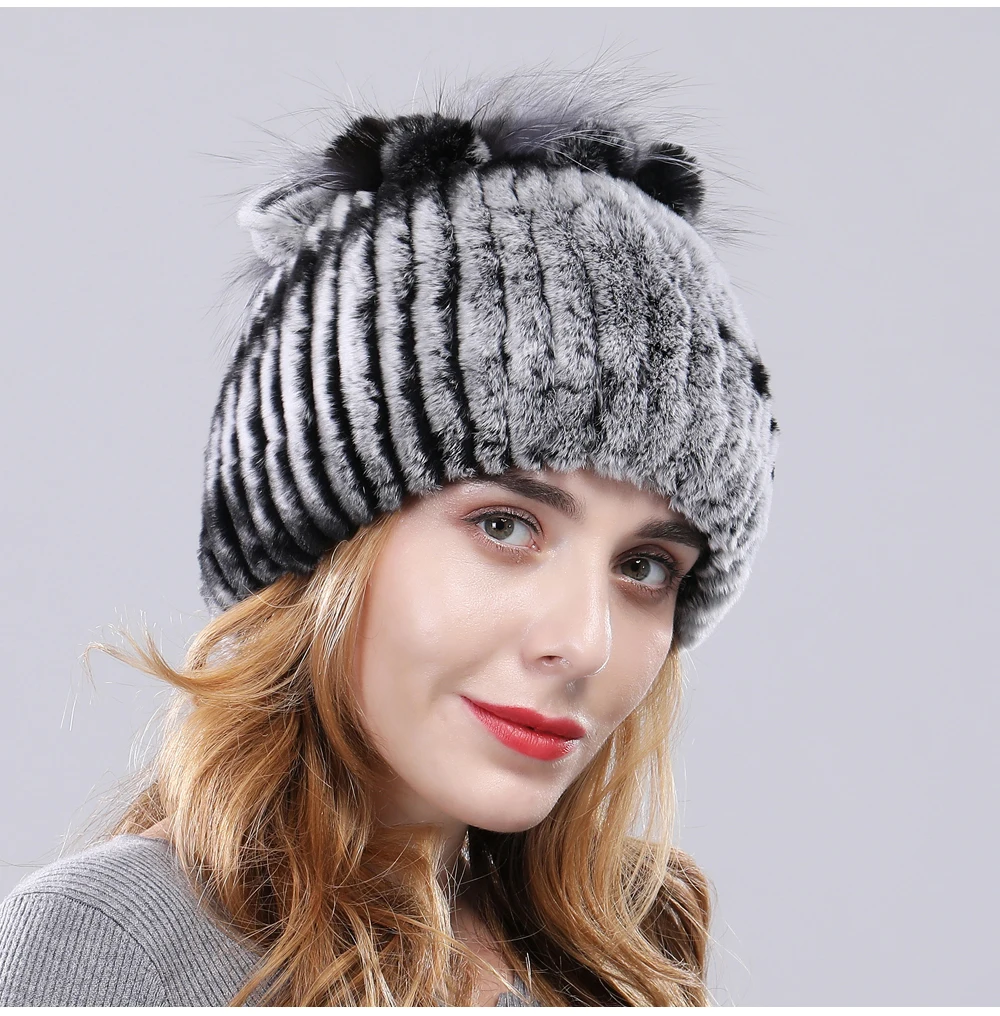 Women Real Rex Rabbit Fur Hats Lady Handmade Knitted Striped Genuine Rex Rabbit Fur Cap Winter Warm Fashion Fur Beanies