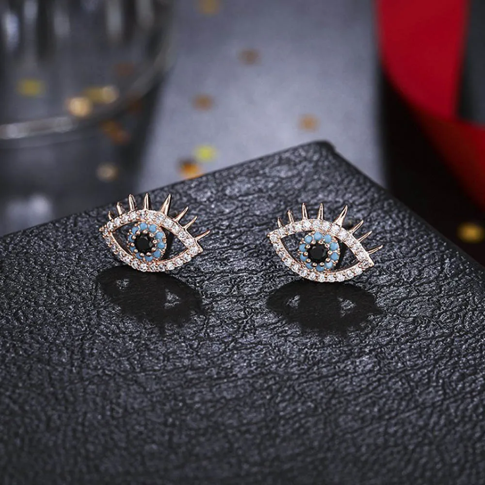 Rose Gold EVIL EYE Micro Pave Zircon гвоздики золотые, розовые серьги серебристого цвета медь турецкий глаз серьги ювелирные подарки для женщин дамы LE180 - Окраска металла: Rose Gold