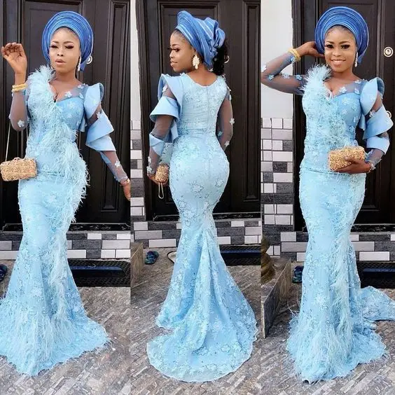 Aso Ebi, стильное платье для выпускного вечера, светильник, голубое, обнаженное, длинные рукава, Русалка, с кисточками, Аппликации, милое, вечернее, длинное платье