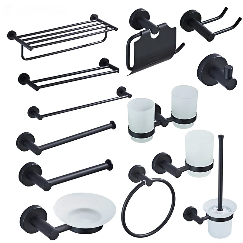 Black Bathroom Accessories Set Toilet Brush Holder WC Roll Paper Towel Shelf Rail Matt Glass Soap Dish Wall Hook Hairdryer Rack |