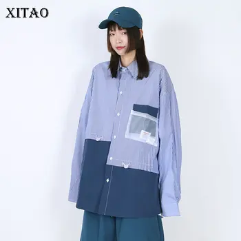 

XITAO Striped Women Blouse Irregular Fashion New Patchwork 2020 Spring Elegant Full Sleeve Pocket Single Breast Shirt DMY3295