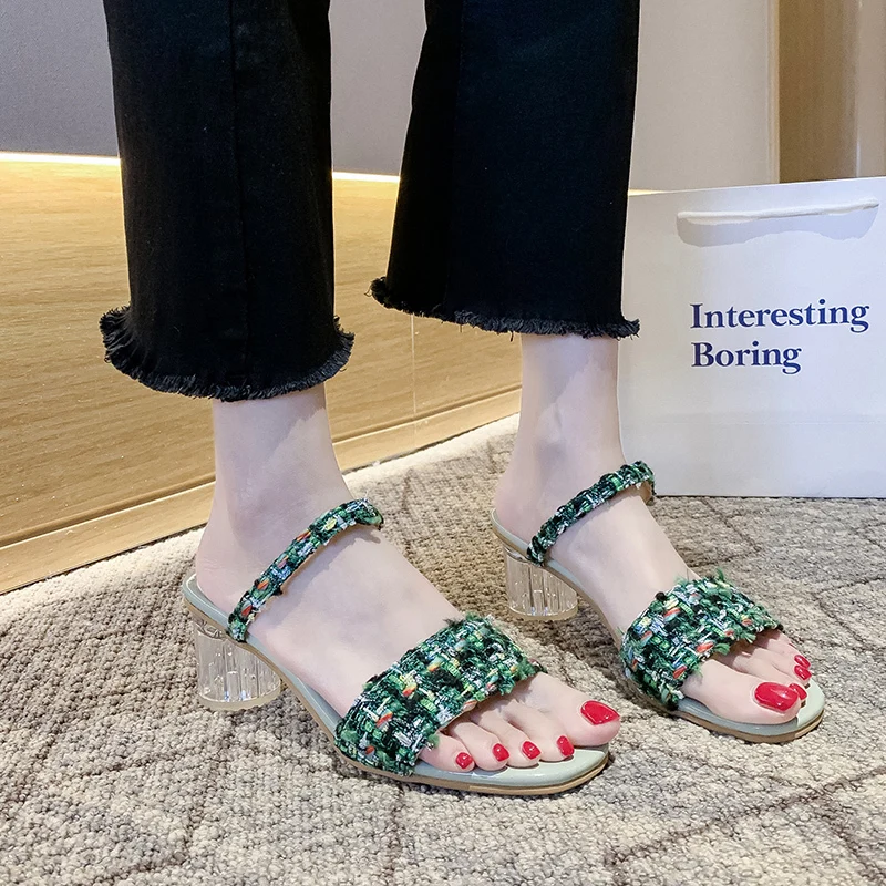

Bohemia Green High Heel Slippers Women Summer Shoes Open Toe Transparent Heel Sandals Fresh Ladies Slippers Zapatos Mujer 2020