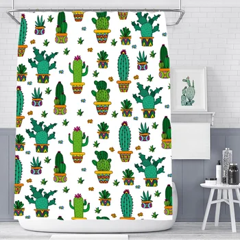 

Small cactus polyester printed bathroom shower curtain waterproof and mildew comes with hooks without punching multiple sizes ar