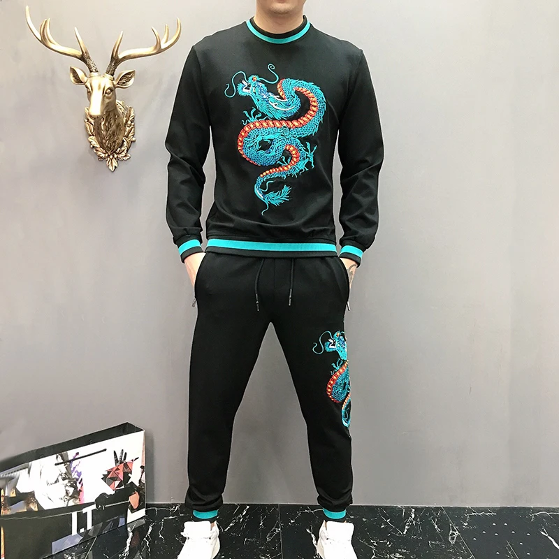 

(2 piece/set)men long sleeve hoodie and pants embroidery japan dragon tracksuit casual sportswear china dragon man track suit
