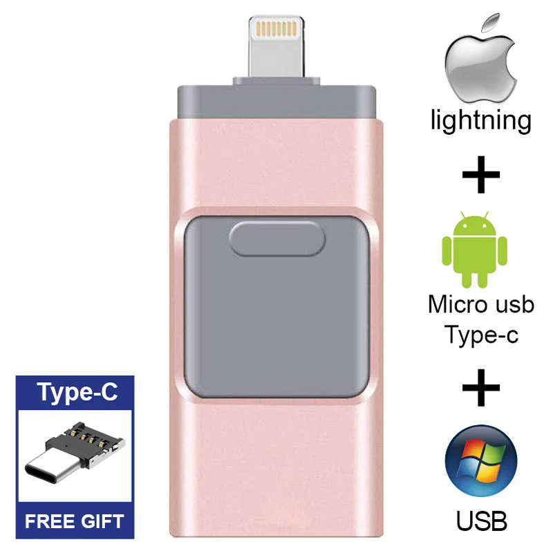 Для IOS Android i-Flash Drive iPhone OTG USB флэш-накопитель устройство карта памяти 16G/32G/64G/128G для iPad подарок type-c адаптер - Цвет: pink Type-c
