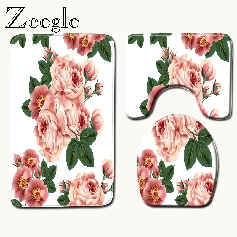 Zeegle Flower Pattern Bath Mat Set Toilet U Type Mat Lid Toilet Cover Pedestal Rug Anti-slip Soft Toile Foot Rug Floor Carpet