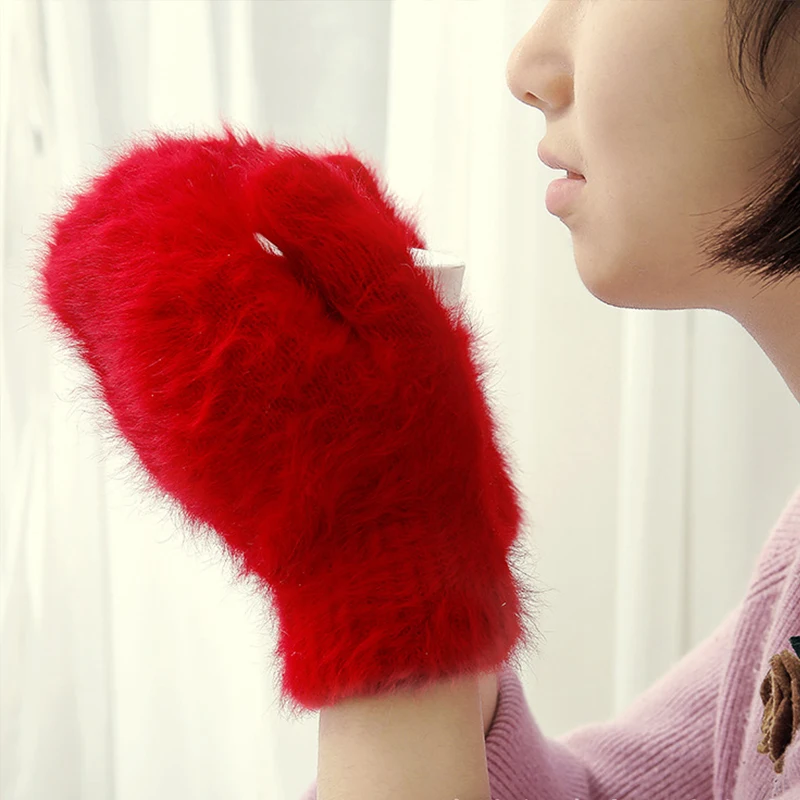 Fingerless Gloves Winter Rabbit Fur Gloves Female Mittens Outdoor Wool For Women Girls Gifts