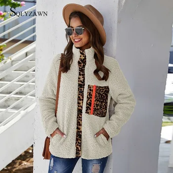 

Women Warm Leopard Patchwork Fleece Breasted Coat Fall Winter Neon Fluffy Woolen Coat Fashion Vintage White Black Khaki Outwear